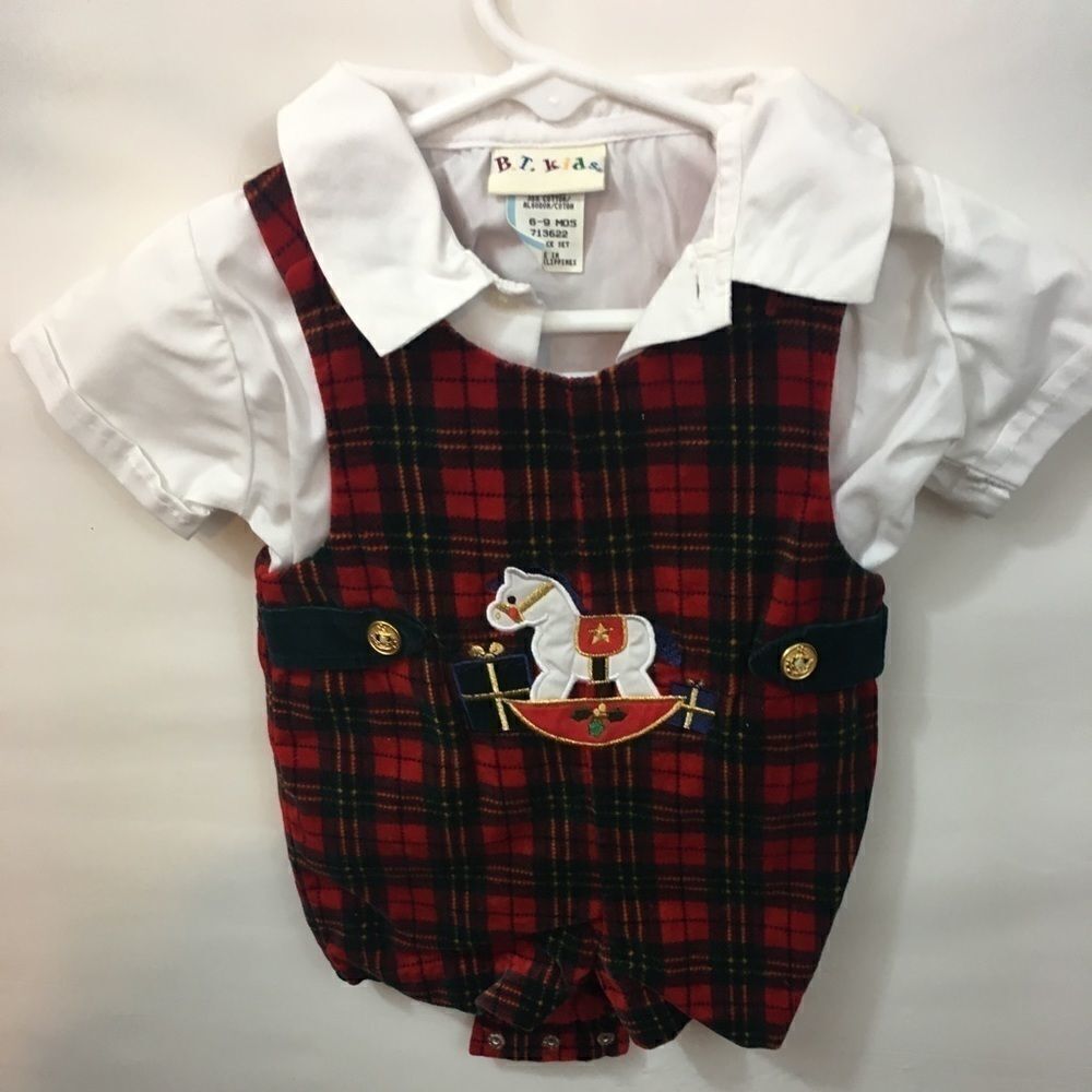 B.T. Kids NWOT Shortalls with shirt 6-9 mo Rockinghorse appliqué on front